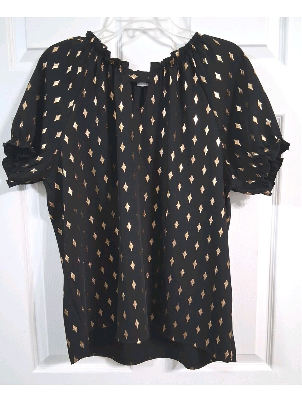 Shannon Ford Black, Gold Diamond Print, Puff Sleeve Blouse, Approx. Size XL, EUC
